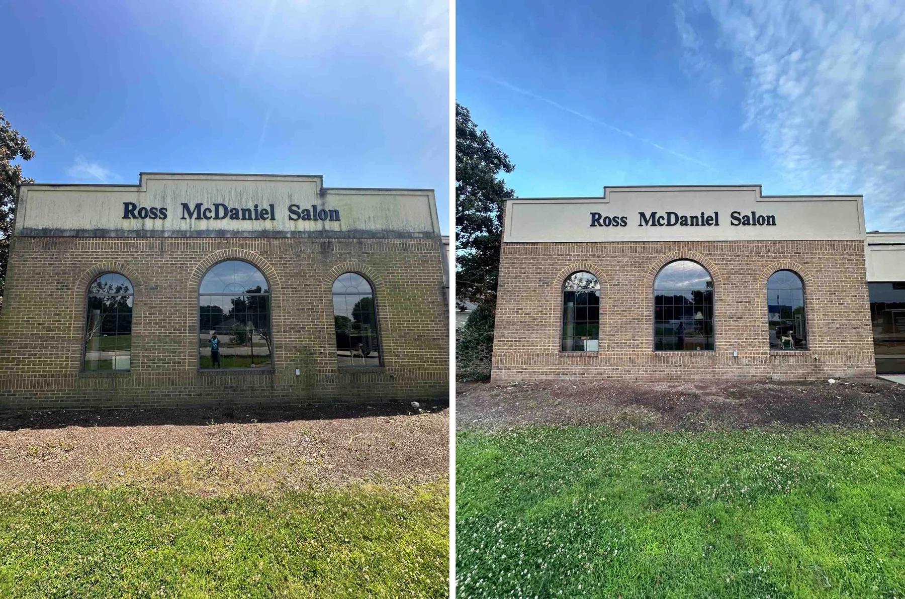 Before-and-after comparison of a commercial storefront with a stained fascia and the cleaned fascia.