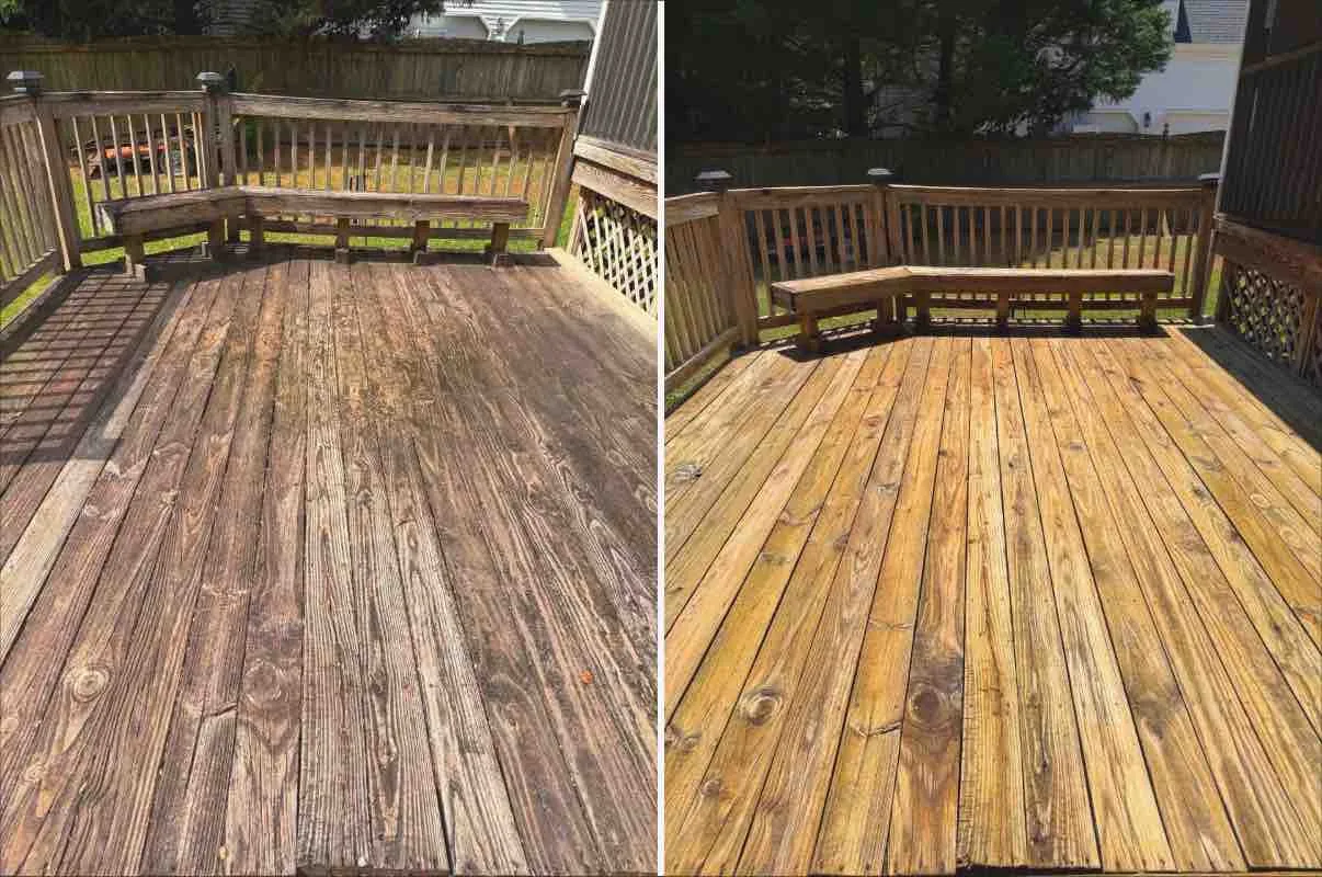 Before-and-after comparison of a weathered wood deck and the cleaned deck.