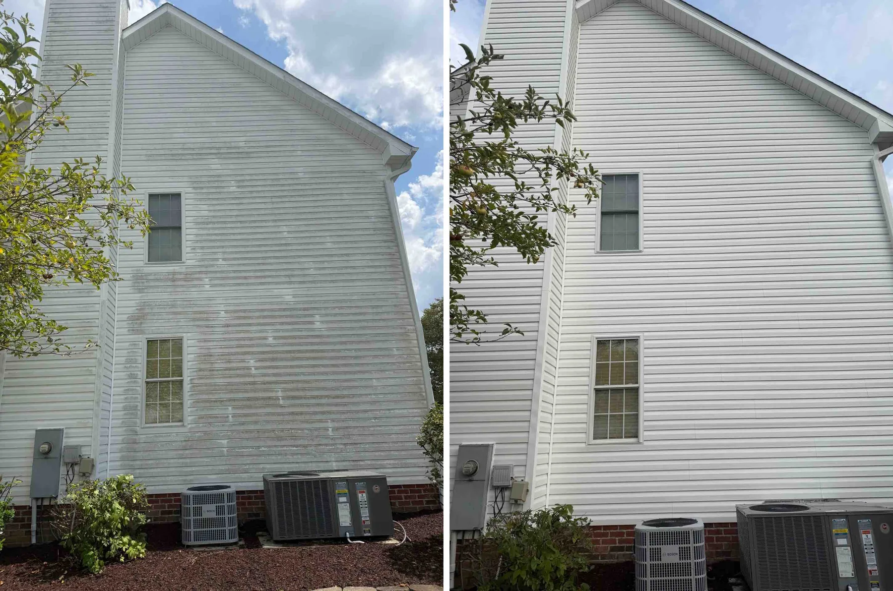 Before-and-after comparison of a two-story home with stained siding and the same home after washing.